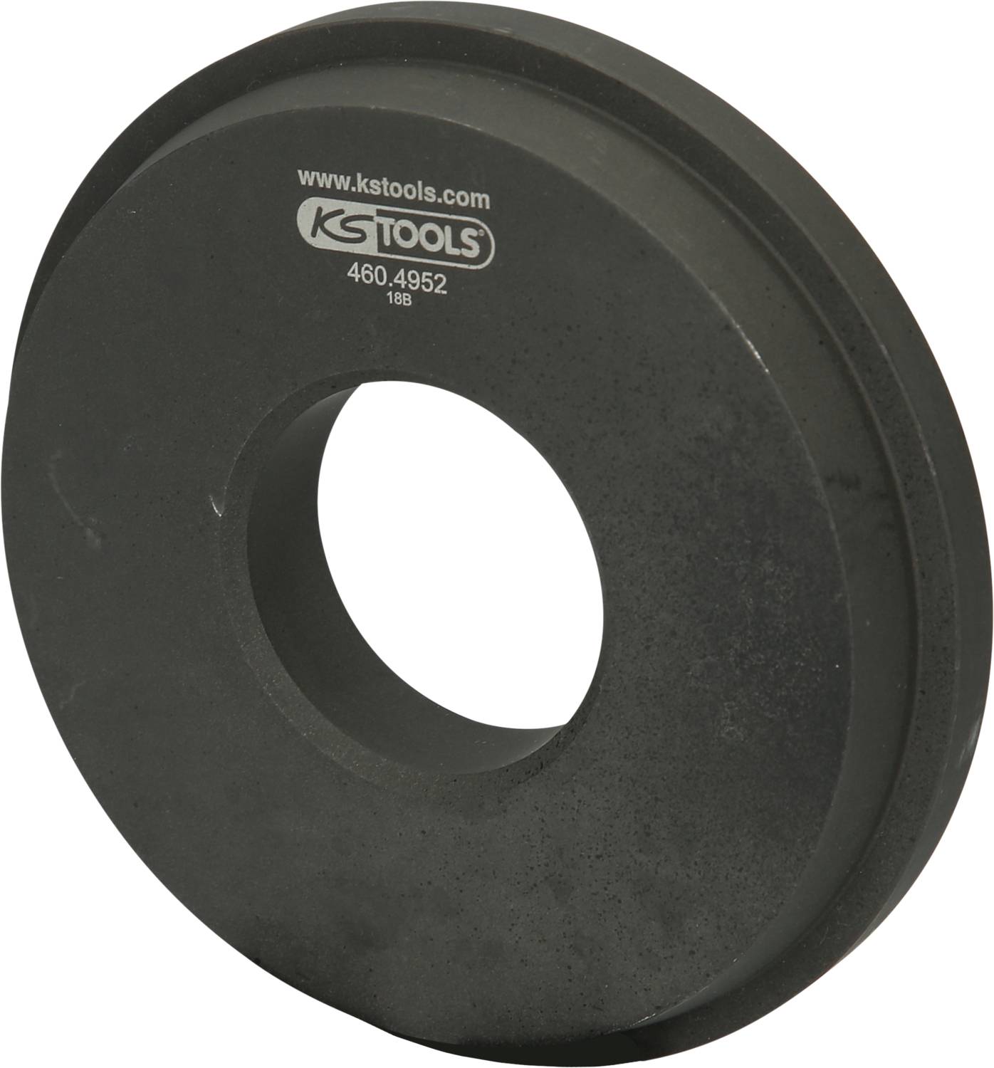 A black metal plate with a large central hole, serving as a wheel bearing tool. The KS Tools logo is positioned on top of the plate.