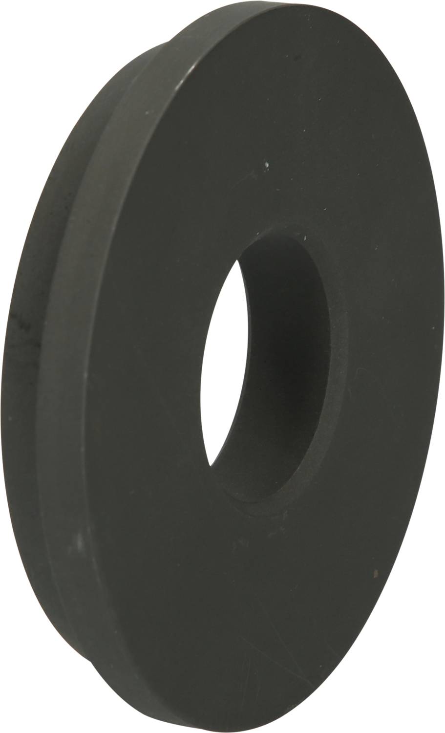 A black, round metal washer with a central hole, depicted at a slightly angled perspective against a white background.