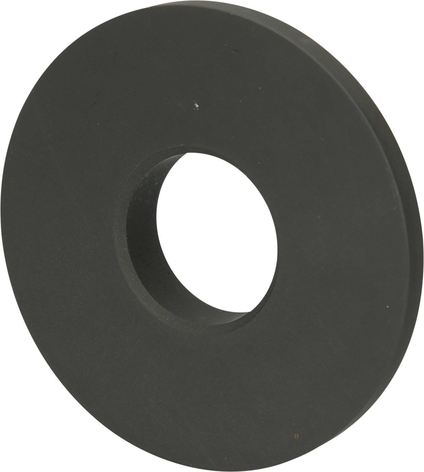 Black round disc with a hole in the centre, similar to a large washer.