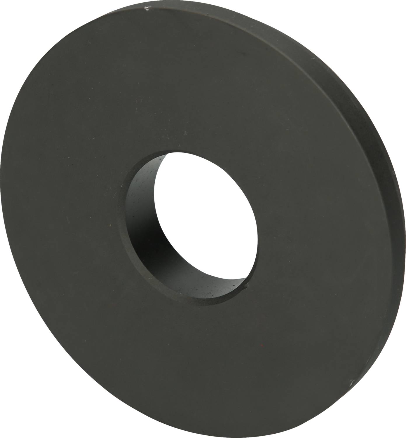 'Black round metal disc with a central hole.'