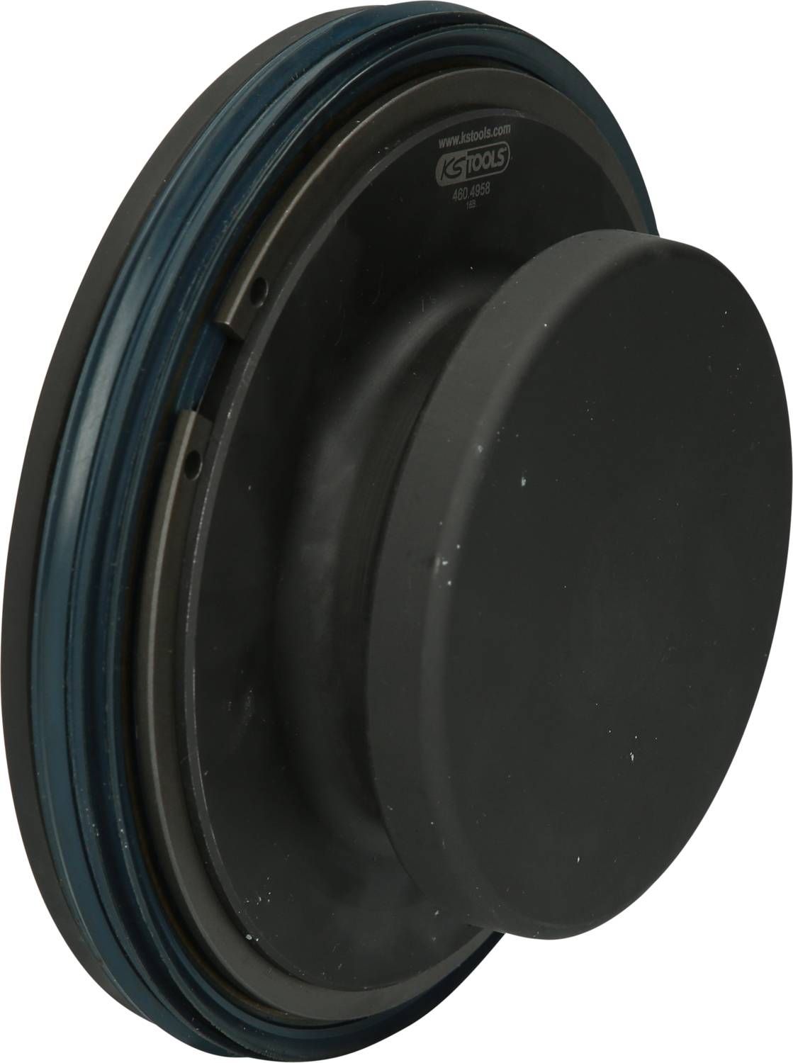Round, black automotive component with a blue sealing strip, likely a seal or valve for mechanical applications.