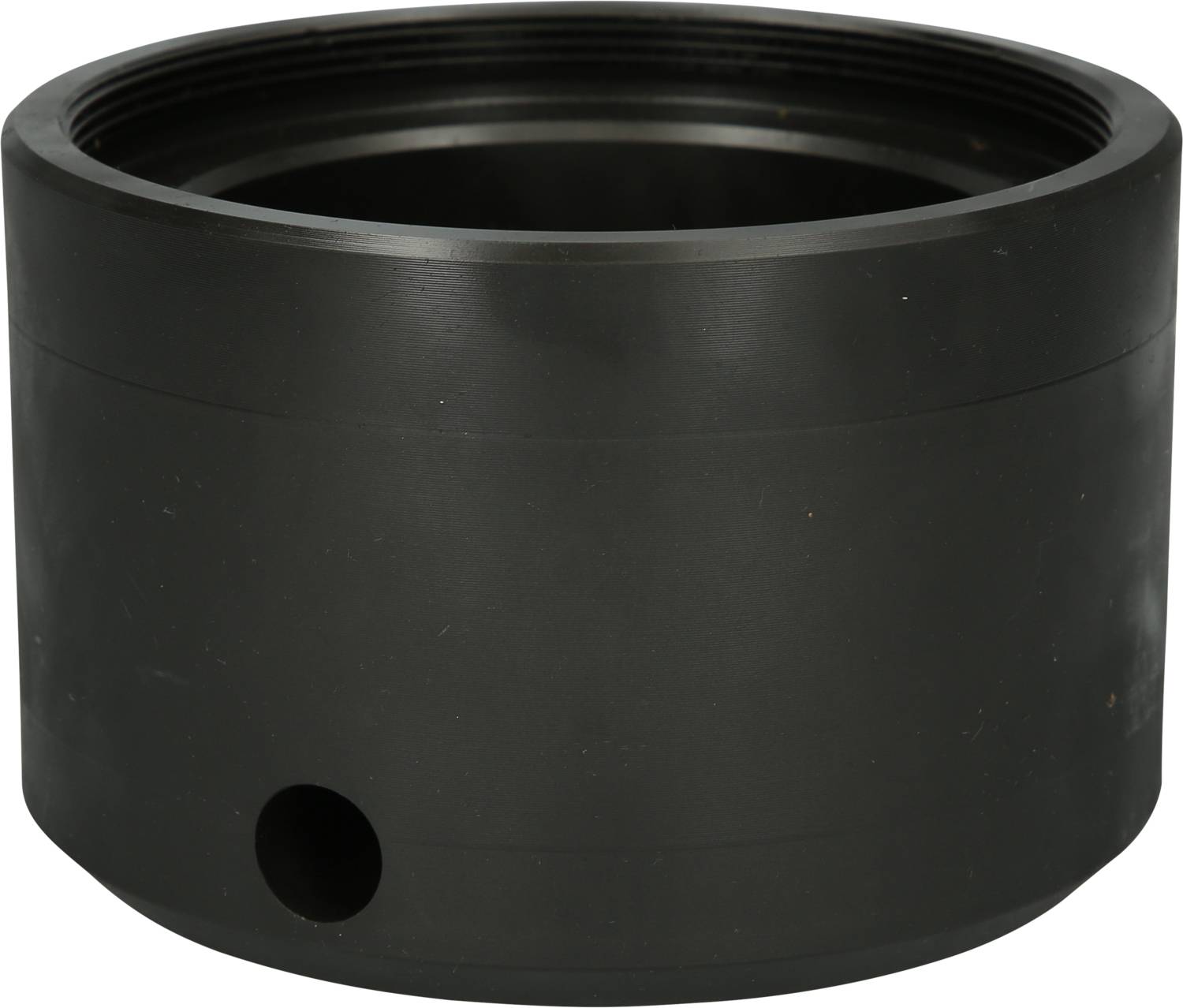 Black cylindrical plastic container with a small opening on the side, likely an adapter or housing.