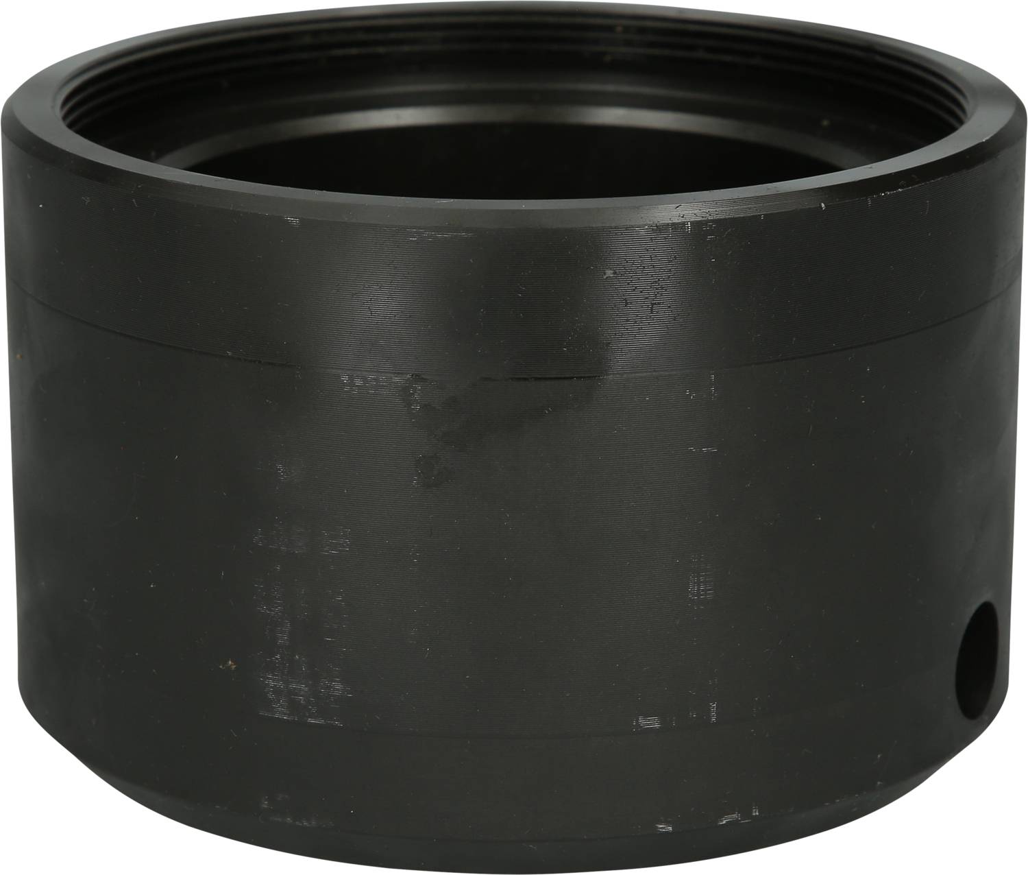 Black metal cylinder, smooth, with a circular opening at the top, suitable for mechanical or industrial applications.