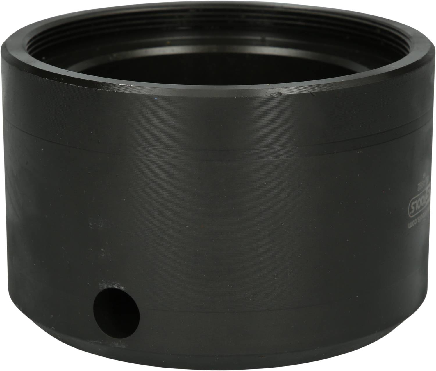 A black cylindrical plastic adapter with a large opening at the top and a smaller side opening.