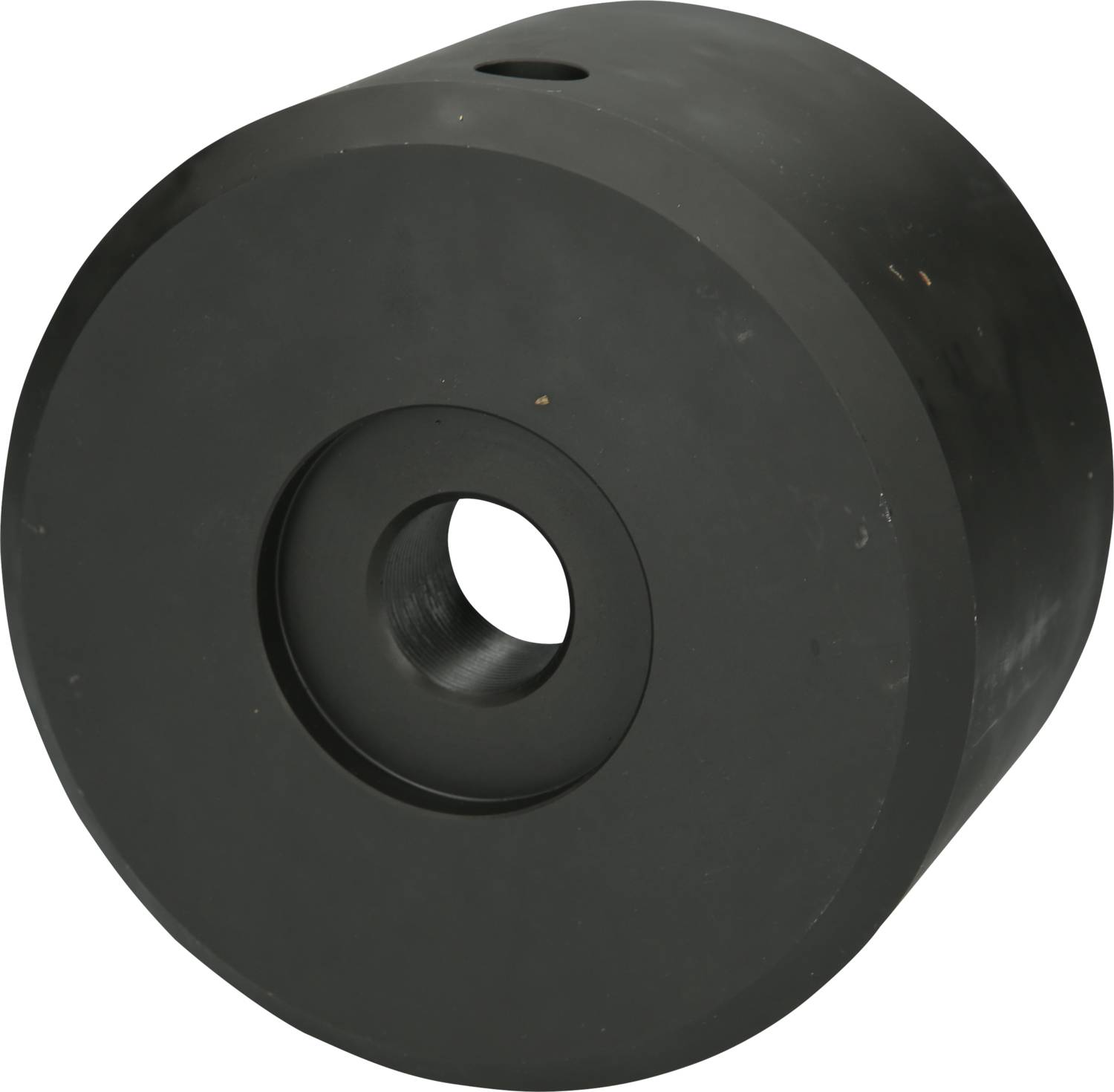 A cylindrical black magnet with a central hole, suitable for attaching to various metallic surfaces.