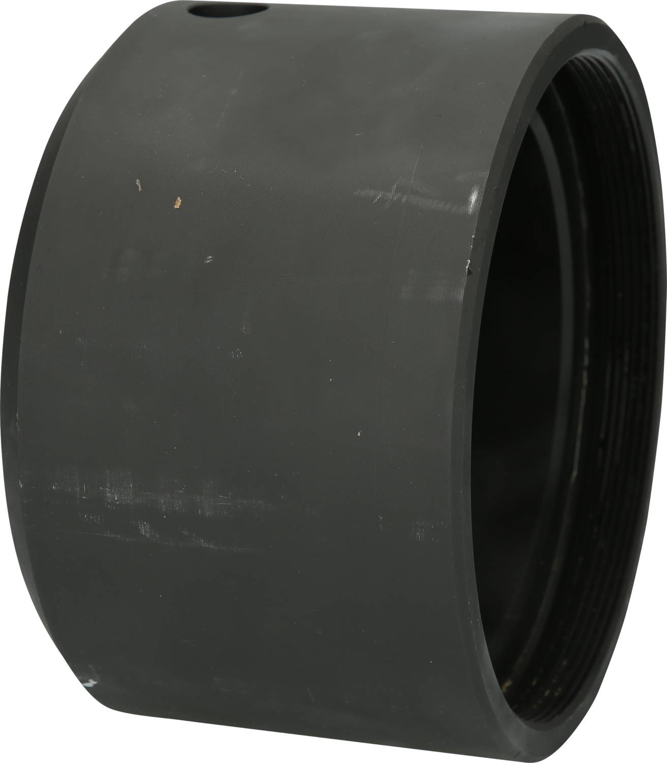 Black, cylindrical pipe section with a smooth surface and an opening at the top. Mechanical or technical component.