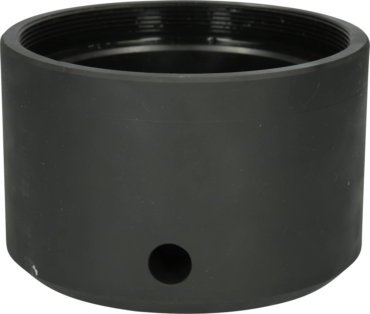 A black cylindrical adapter with a hole on the side, likely for connecting pipes or hoses.