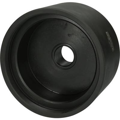 Black, cylindrical wheel with a central hole, likely part of an industrial or mechanical device.