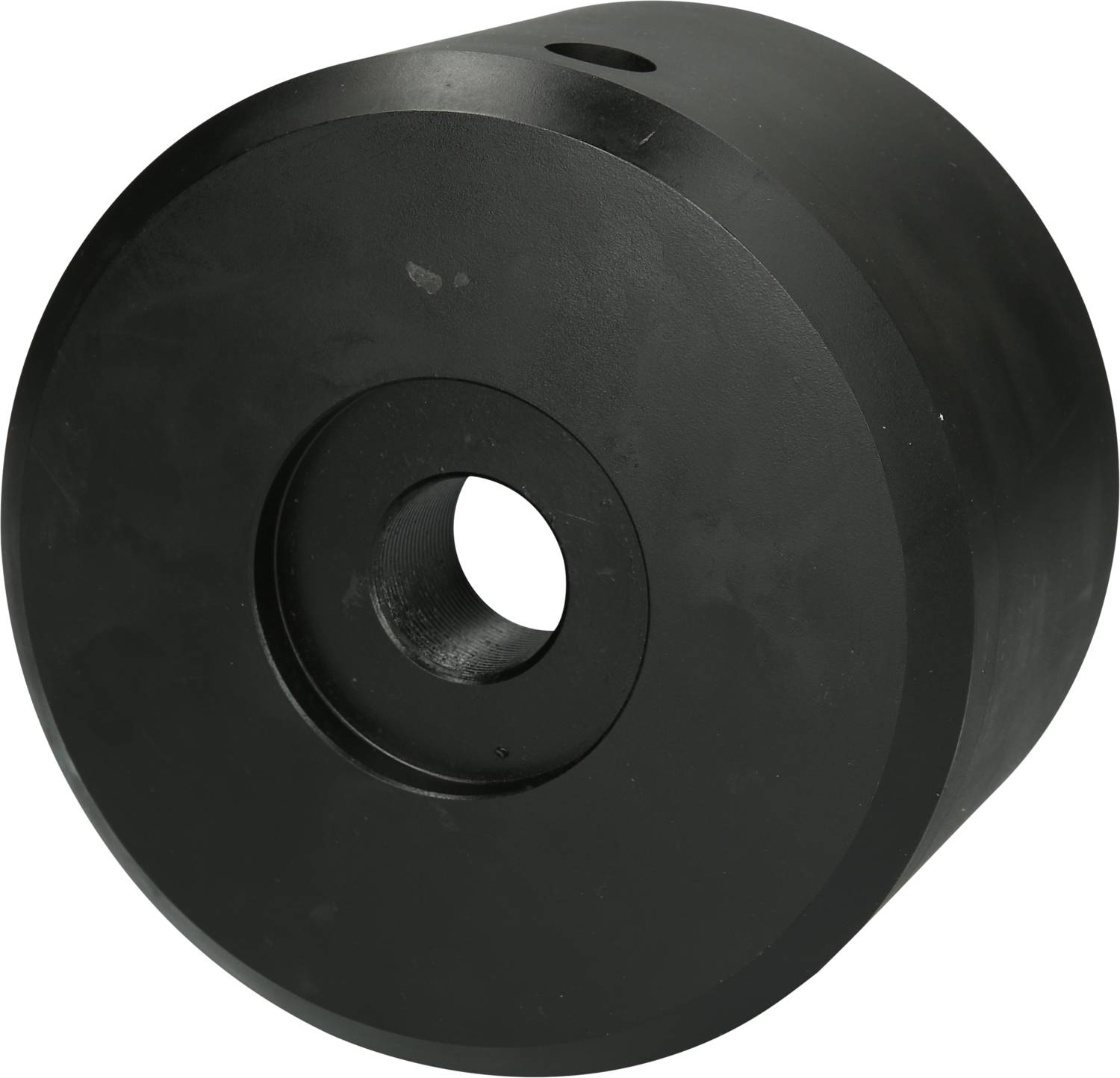 Black, cylindrical metal component with a central hole, possibly a machine element or mechanical part.