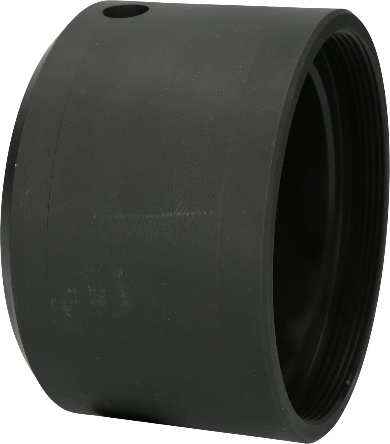 Cylindrical, black plastic component with a smooth surface and threading at one end.