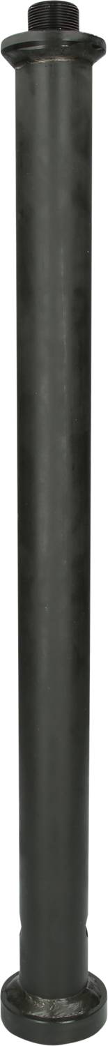A black, cylindrical metal tube with flat ends, potentially a component for a construction or installation.