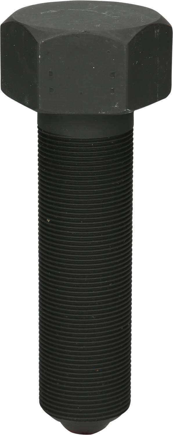 A black, ribbed screw with a hexagonal head.