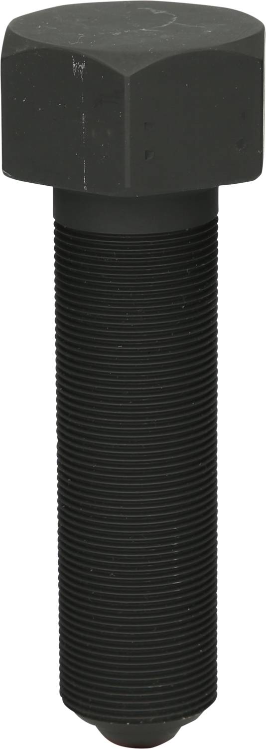 Black, hexagonal screw with long, ribbed thread and flat top surface. Suitable for fastening applications.