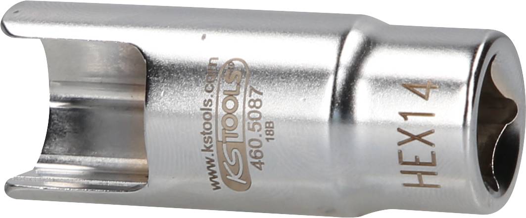 A silver hex socket attachment with the inscription 'HEX 14', suitable for screw-related work.