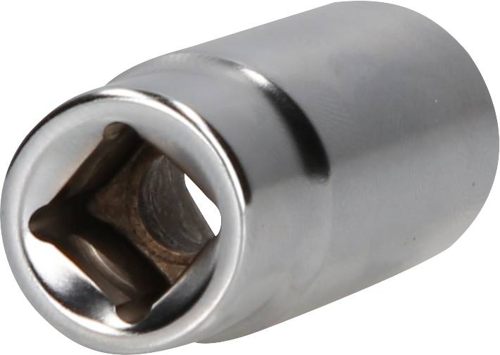 Metallic socket tool insert, cylindrical in shape, with a reflective surface and a square opening for a ratchet.