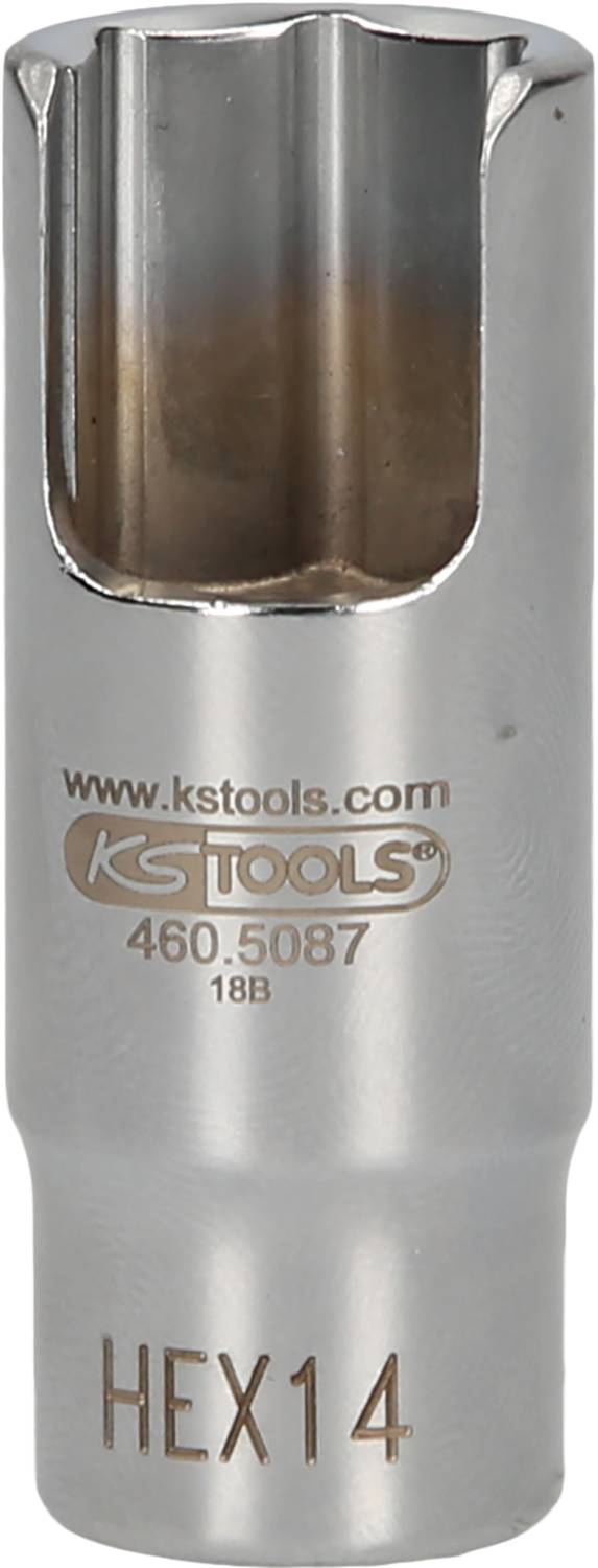 Socket tool with 'HEX14' inscription, brand KS Tools, article number 460.5087. Silver, cylindrical shape.