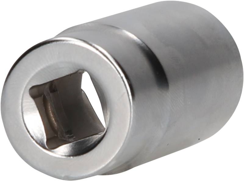 Metallic socket insert with square internal profile for ratchet tools.