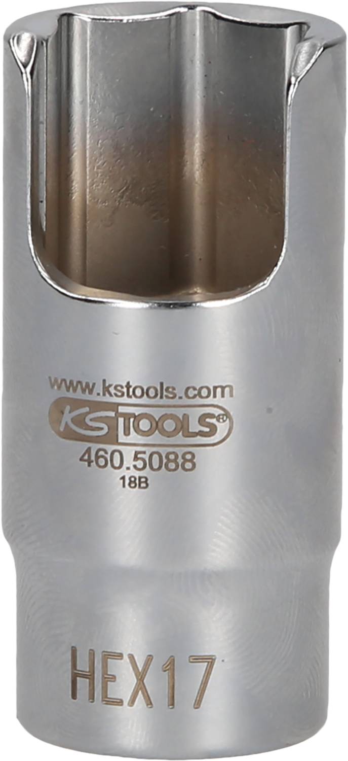 A silver chrome hex socket wrench with a hexagonal opening. Engraved with 'HEX17' and 'KS TOOLS'.