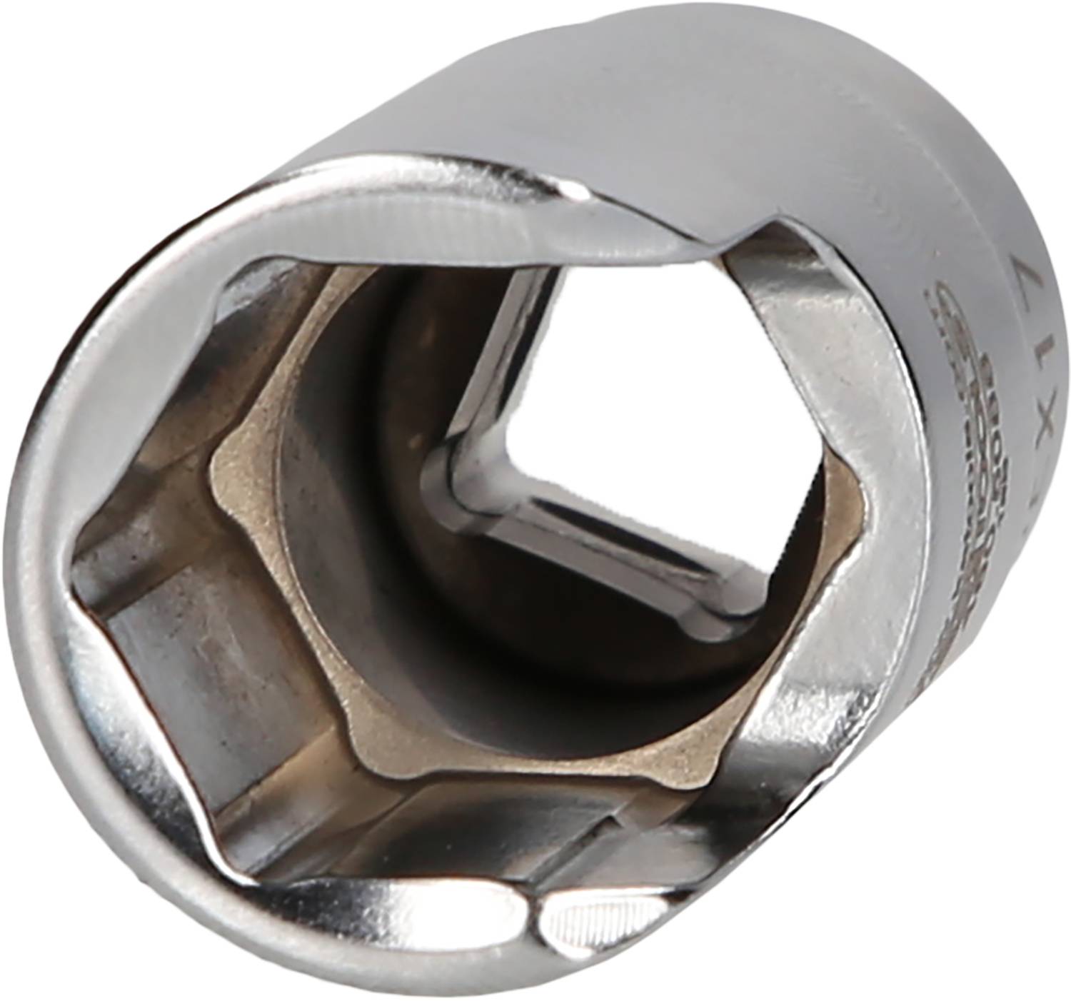 Metallic socket with hexagonal opening, suitable for screw work. Silver-coloured and robustly designed for tool use.