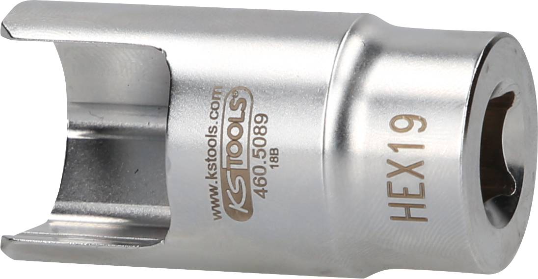 Metal key with a hexagonal end and imprint 'HEX19' and 'KS Tools'. Device for use with larger hexagon bolts.