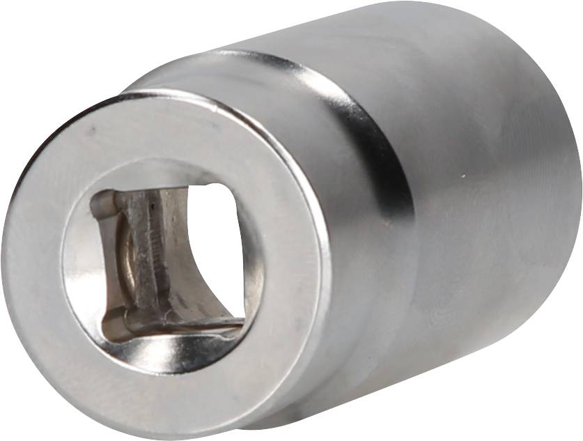 A silver metallic six-sided adaptor, suitable for use with a socket wrench or torque wrench.