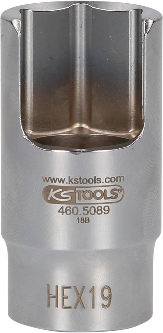 Socket with hexagonal drive, size 19 from KS Tools, article number 460.5089, made of polished metal.