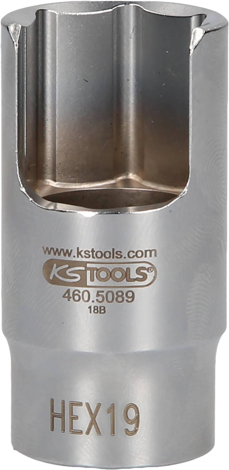 Hexagonal socket, silver, inscribed with 'HEX19' and 'KS Tools', used for screw-related work, displays the brand and model number.