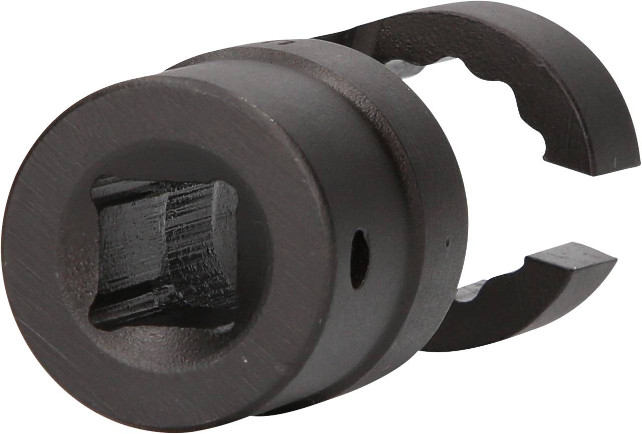 A black metal tool that is bent at the end, with a cylindrical body and an opening, presumably for specific fastenings.