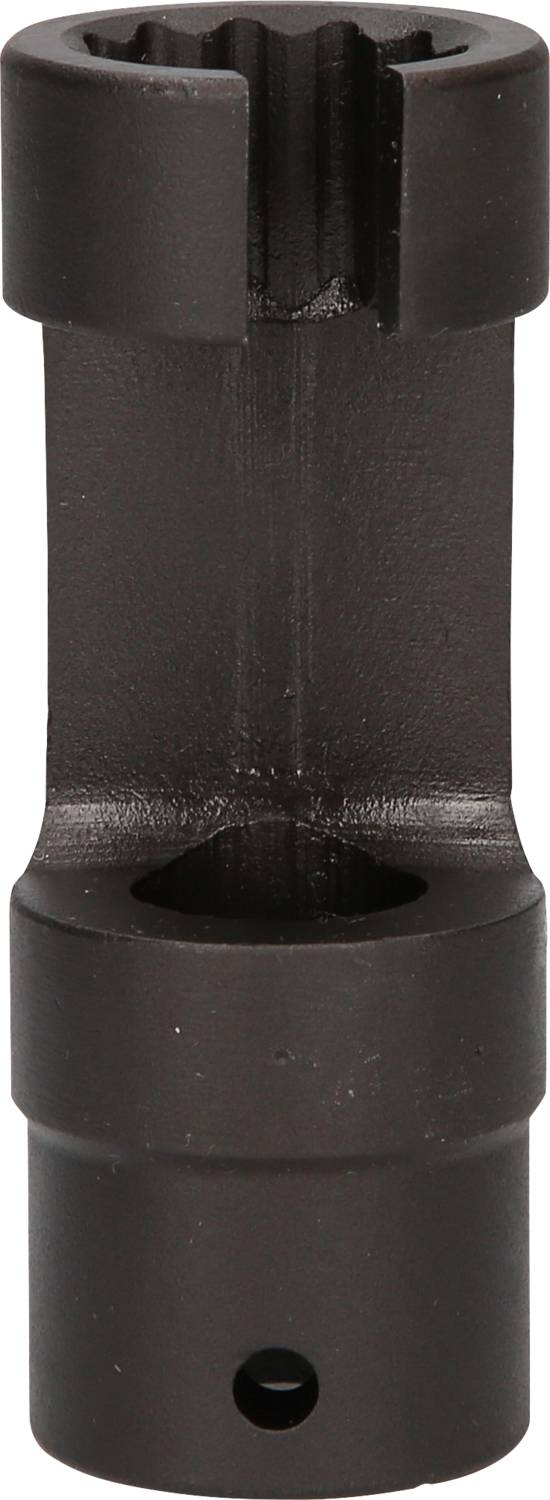 Black metal adapter with two cylindrical ends, each with an opening. Connects tools or devices.