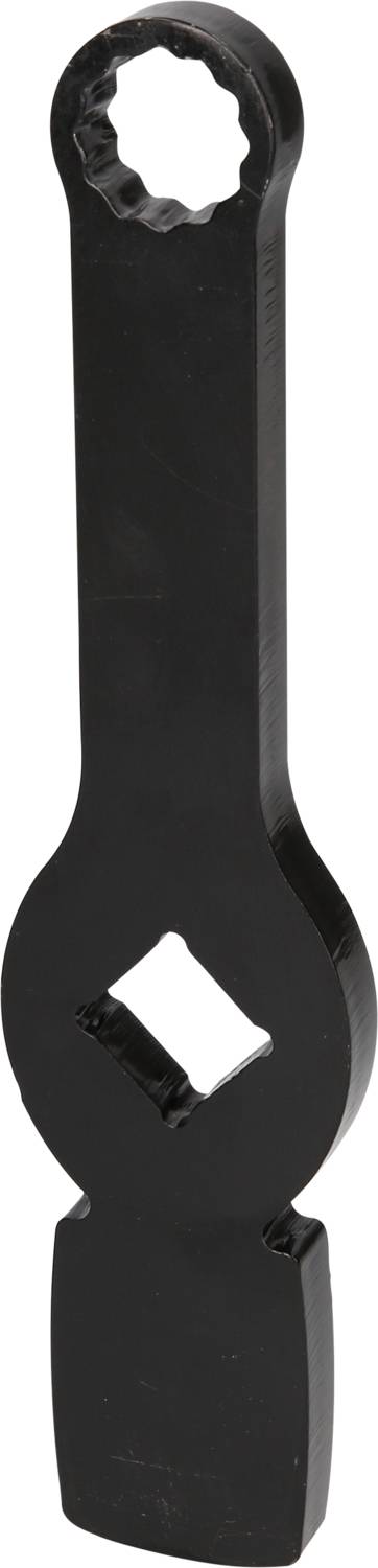 Black metal tool with a round and diamond-shaped hole, used for tightening or loosening screws or nuts.