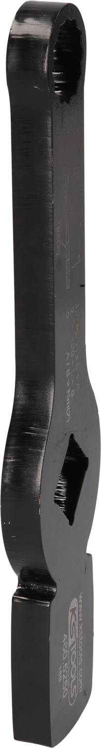 Black steel key, open at one end and with a square opening at the other end, against a white background.