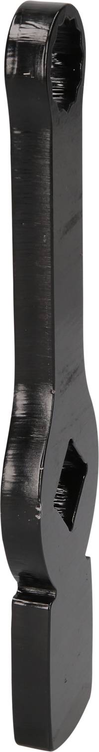 A black, metallic spanner with an angled end and a round head for specialised fastenings.