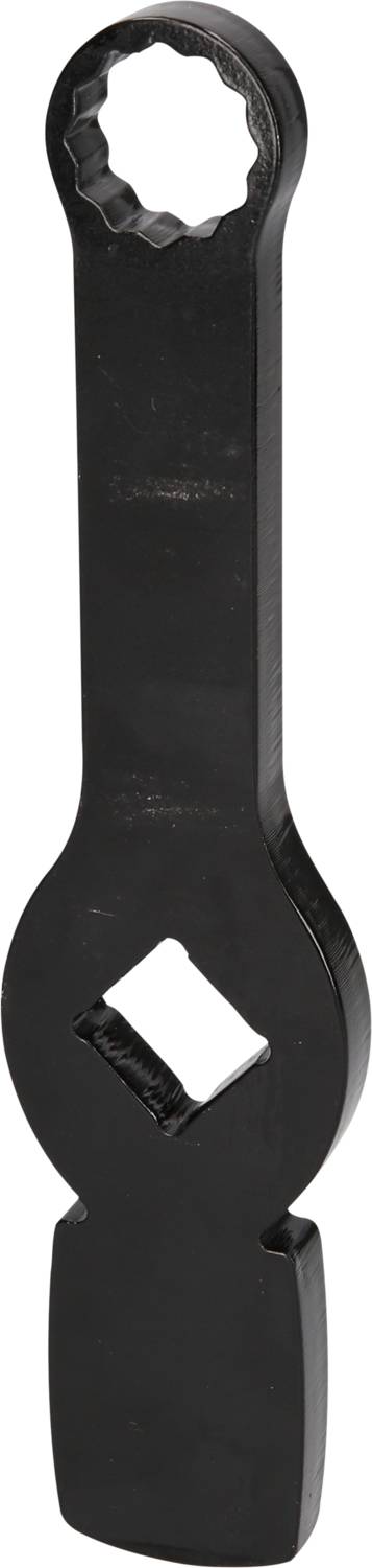 Black spanner with two different ends, one for round nuts and the other with a trapezoidal slot.