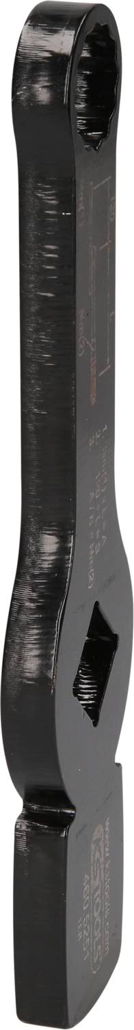 A large, black spanner with angled ends. Upper end has a ring, lower end has an open hexagonal head.