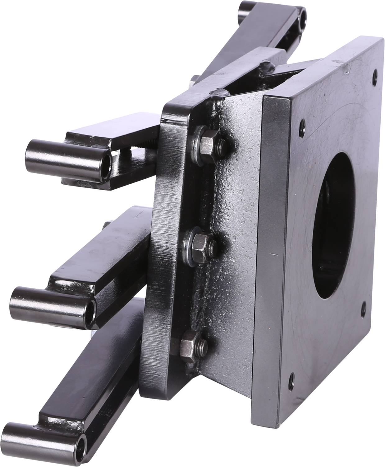 A black metal device with multiple arms and screws, potentially part of an industrial machine or mounting bracket.