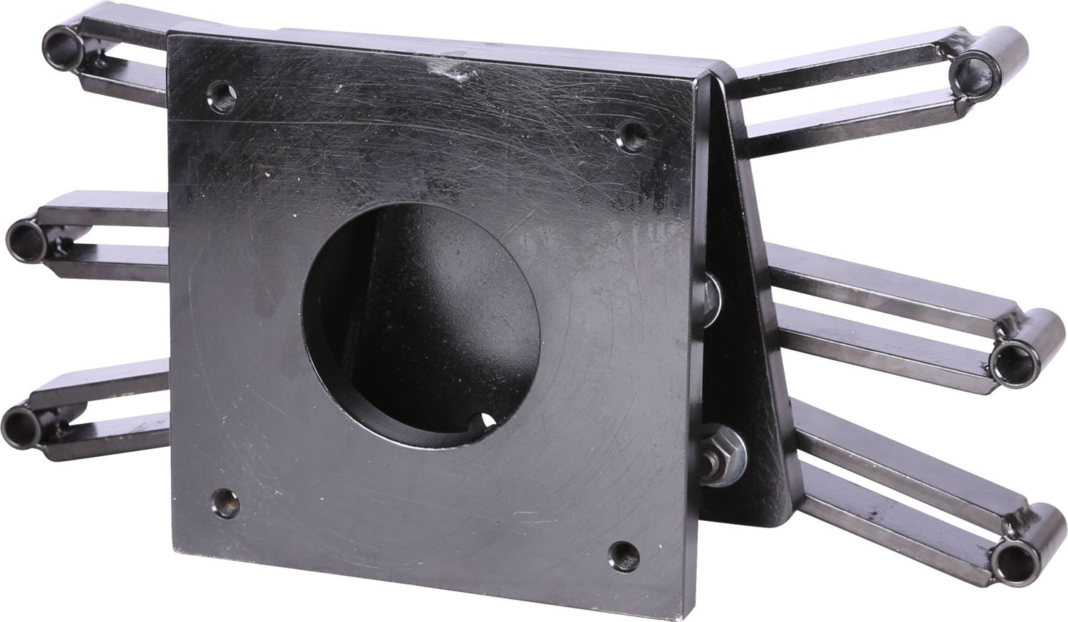 A black, mechanical mounting bracket with six extendable arms arranged around a central aperture.