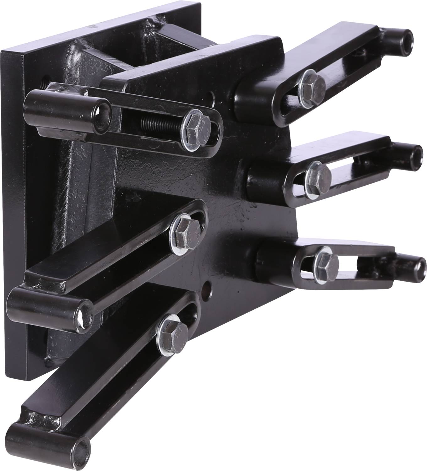 A metal casing with multiple arms and screws, presumably an industrial tool or machine component.