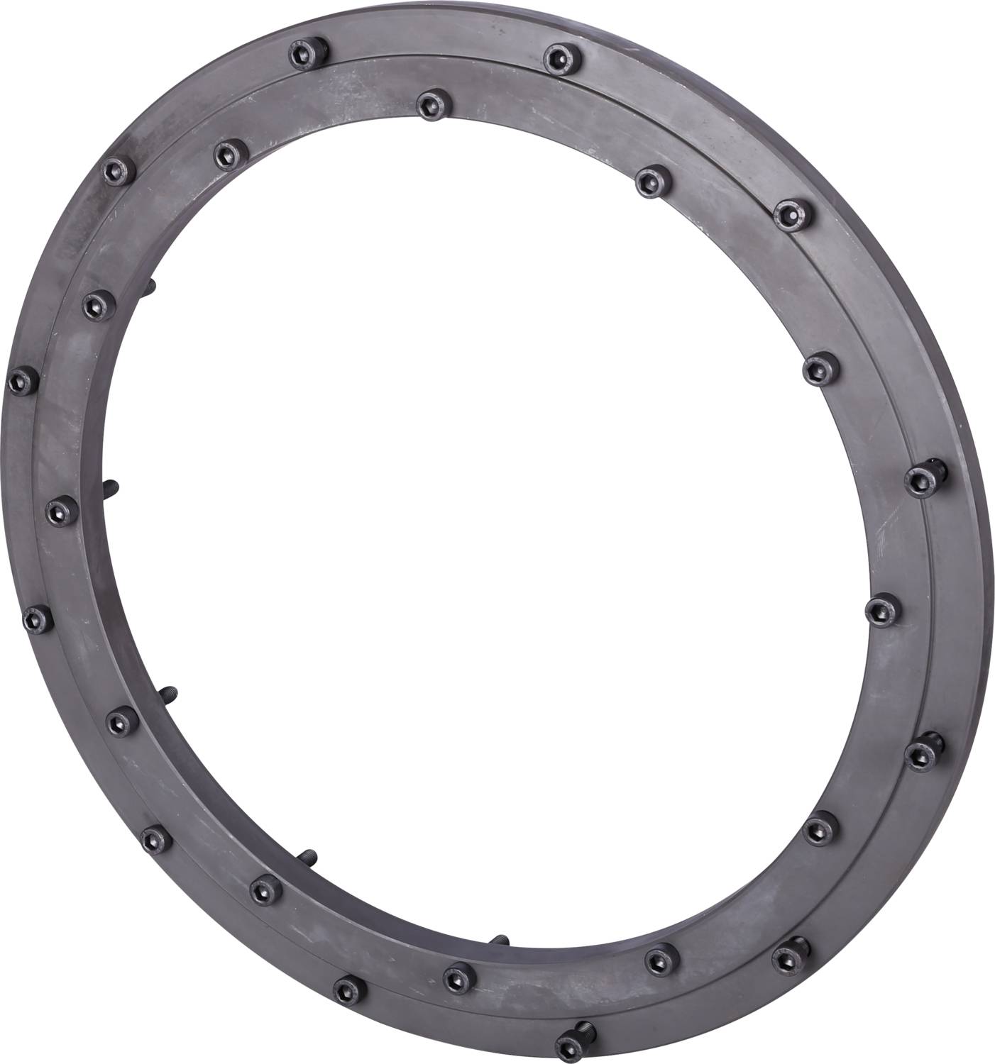 A large, grey metal ring with evenly distributed screws around the edge.