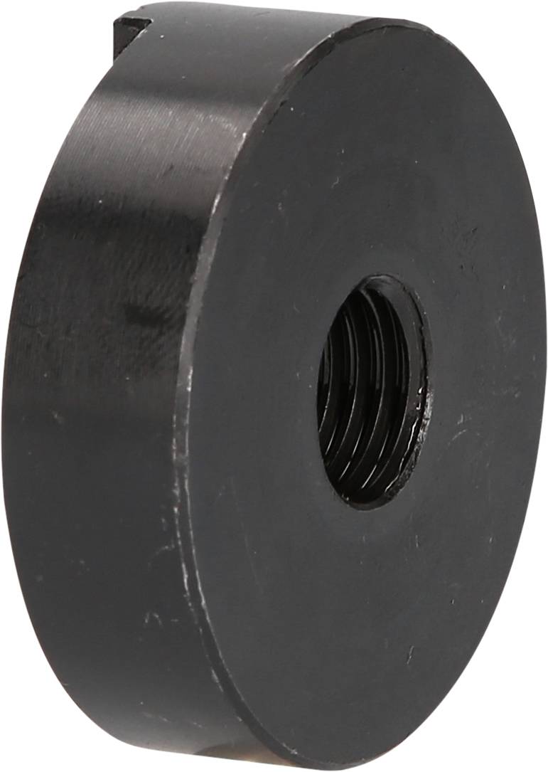 A round, black disc with an internal thread in the centre. Used as a fixing element or for connecting parts.