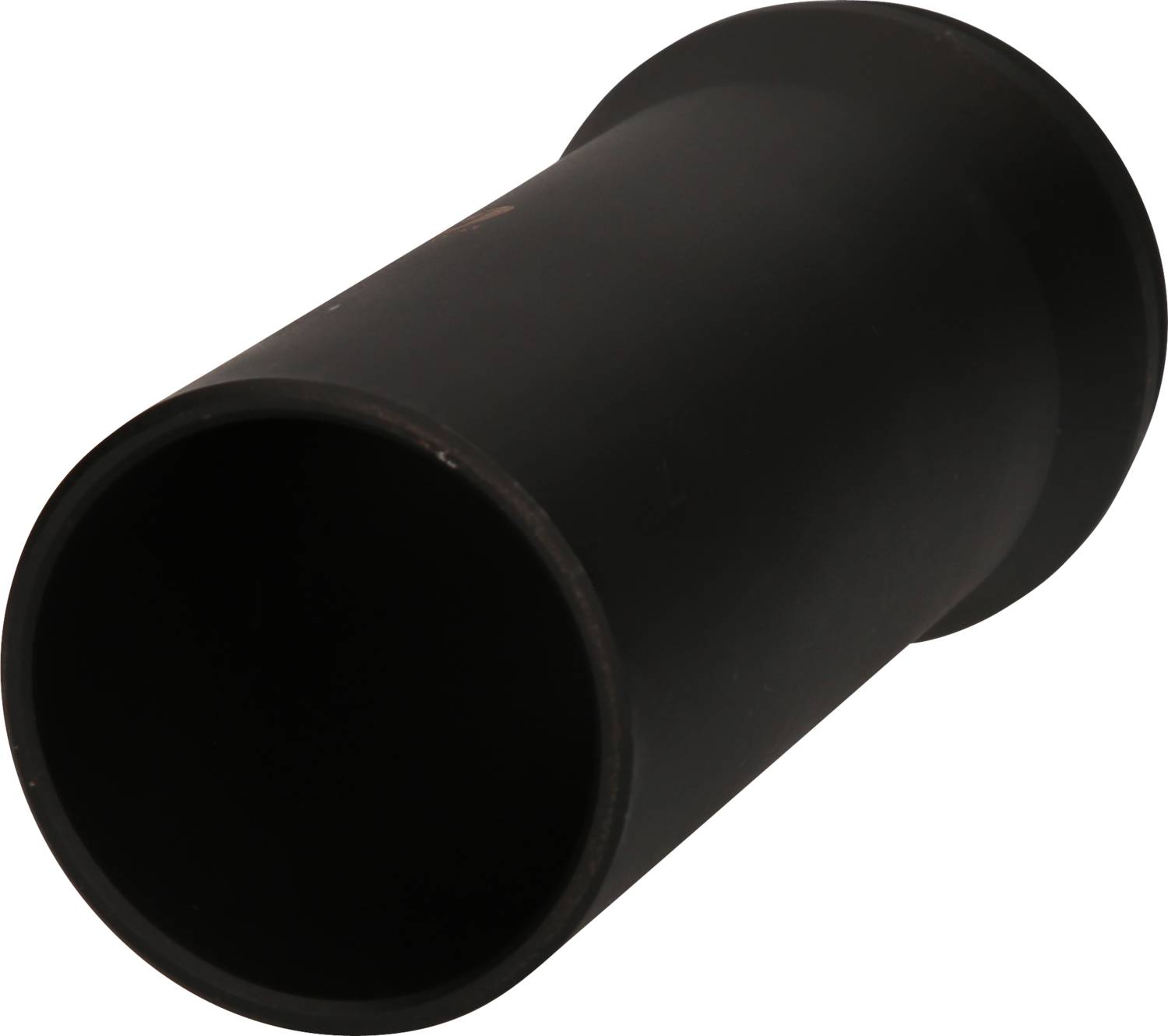 Black, cylindrical plastic pipe photographed from a low angle, slightly tilted upwards in perspective.
