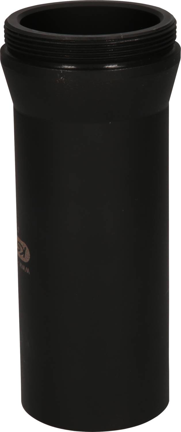 Black, cylindrical plastic pipe with threads at both ends, likely used as a connector or adapter.