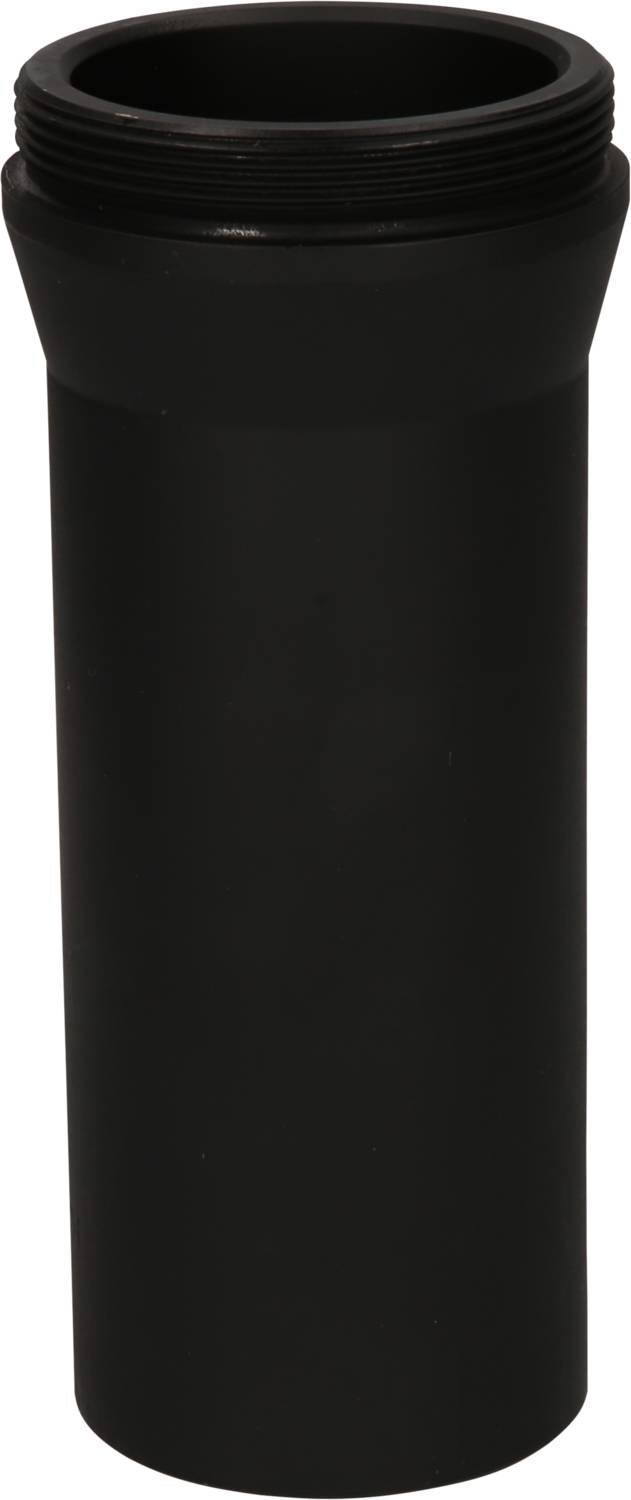 Black, cylindrical piece of pipe, presumably an adapter or connector, made of smooth material, with threading on one end.