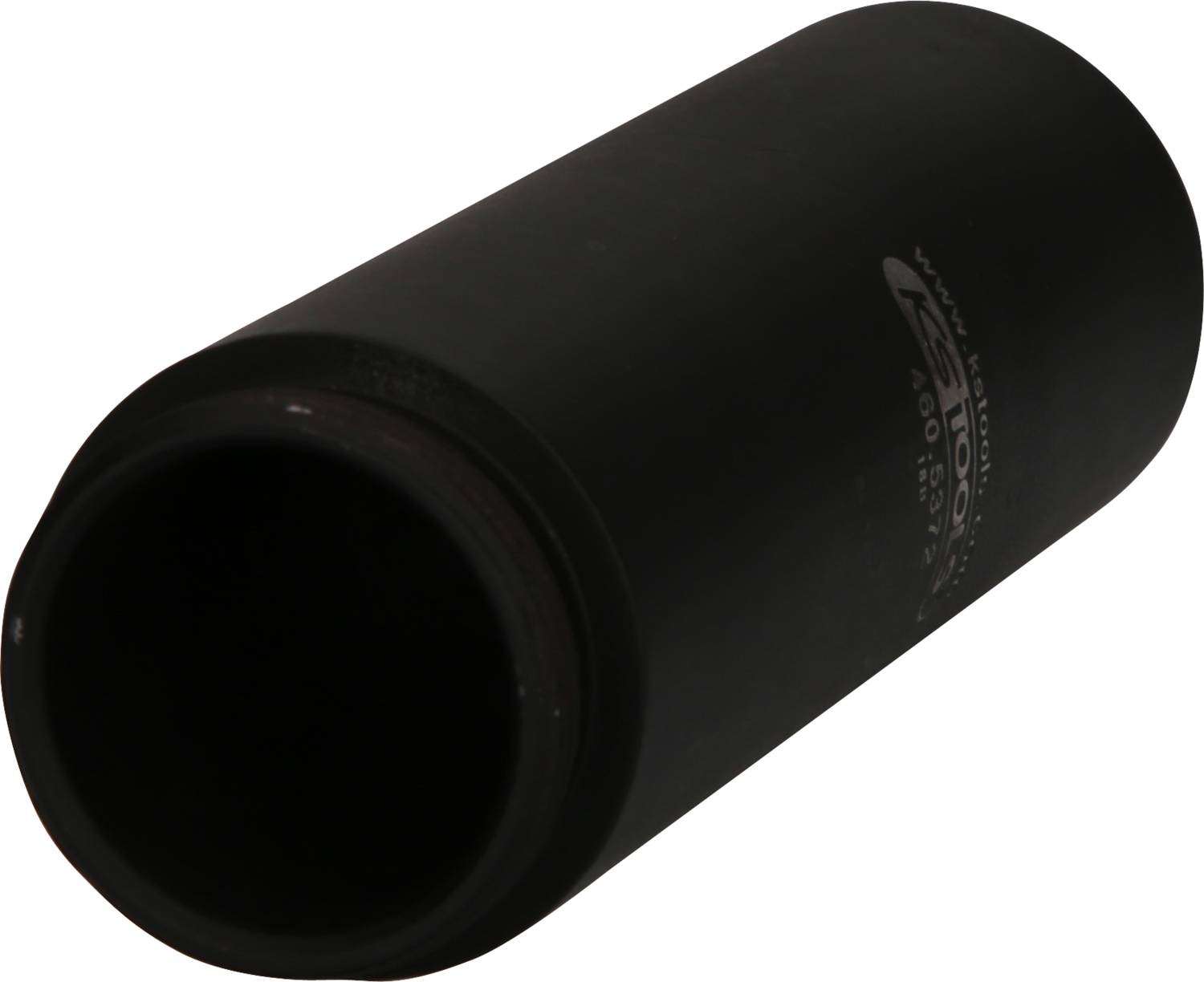 A black, cylindrical object, resembling a large pipe or tube, lies horizontally on a white background.