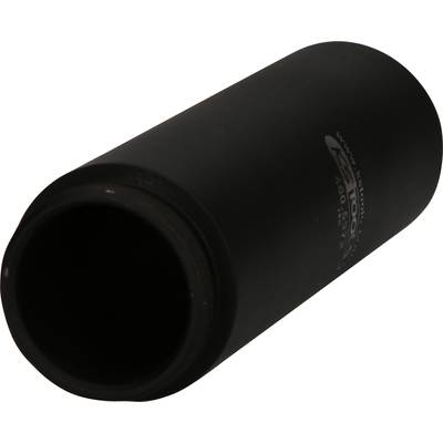 A black, cylindrical object, resembling a large pipe or tube, lies horizontally on a white background.