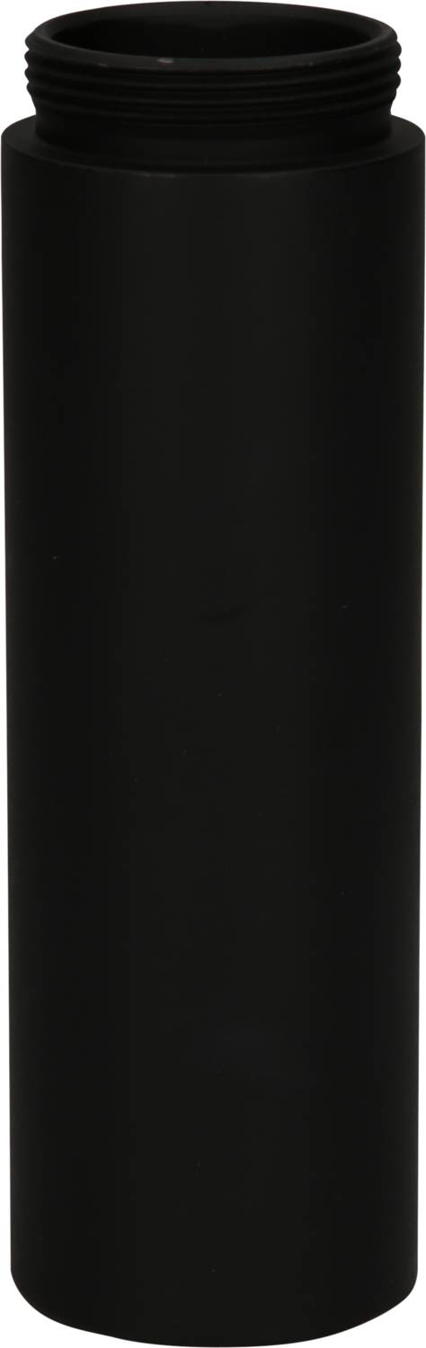 Black, cylindrical container with a screw thread at the top, positioned vertically.