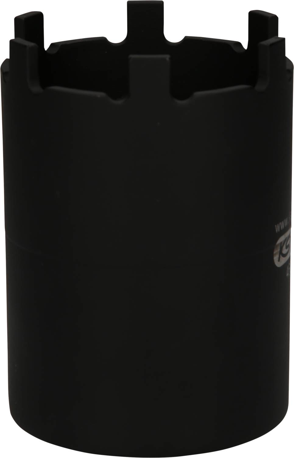 A black, cylindrical object with inward-folded flaps at the upper edge.