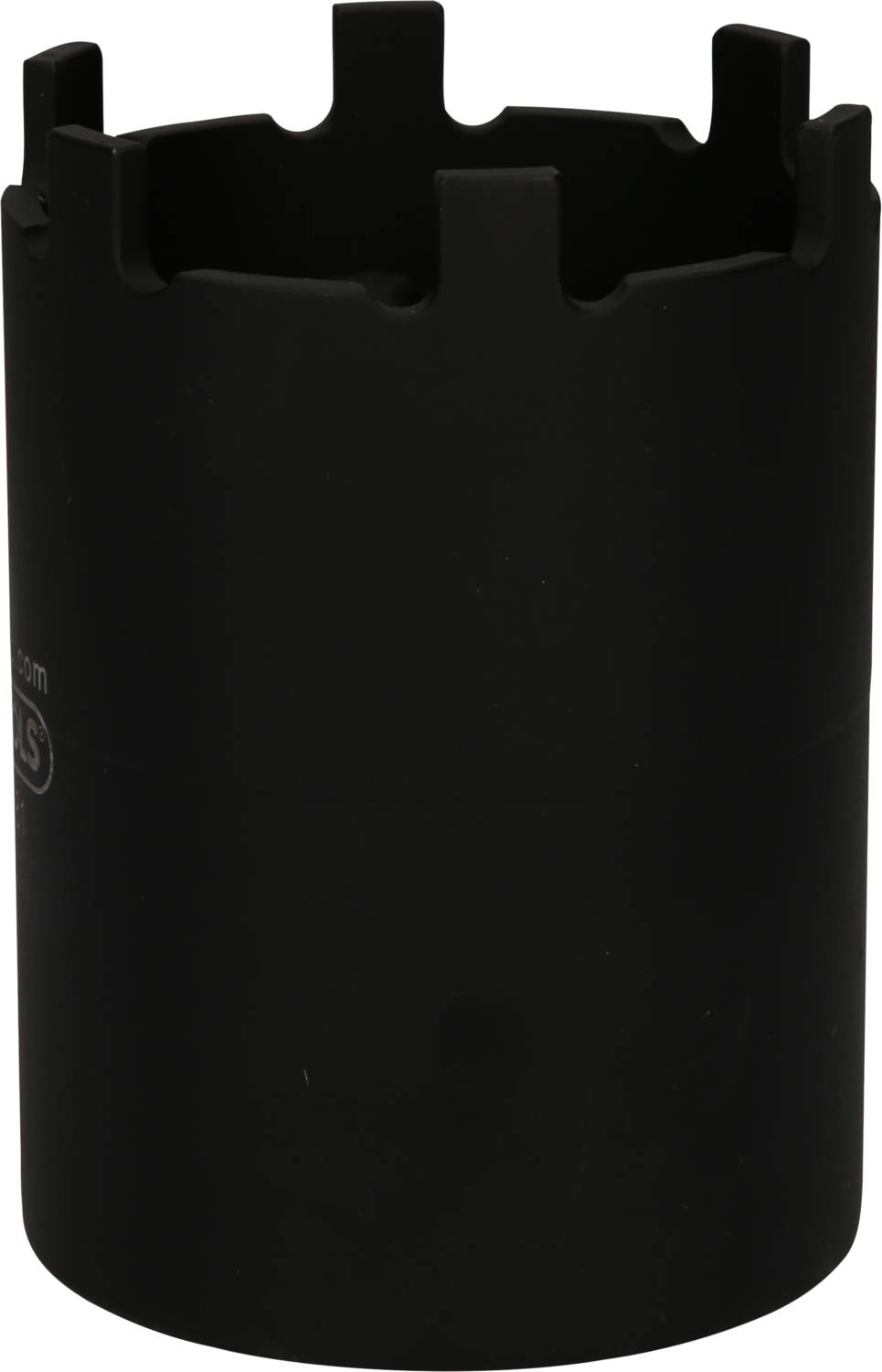 A black drill core with a serrated top edge, used for drilling into dense materials such as concrete or stone.