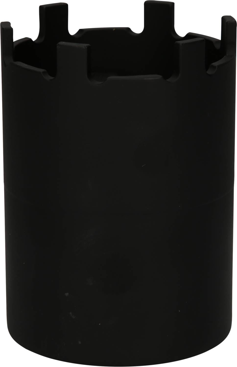 A black cylindrical object with recesses at the upper edge.