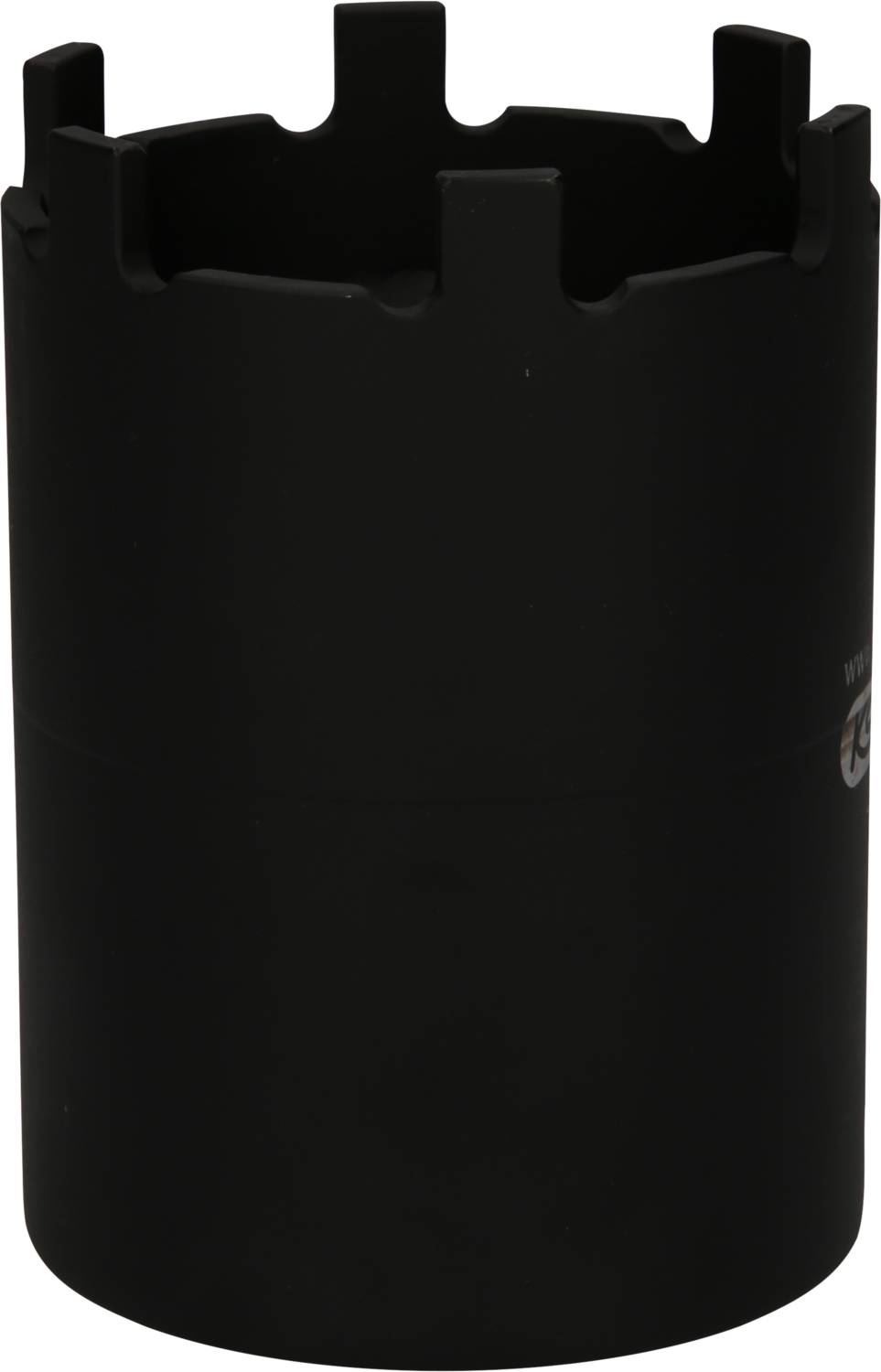 Black hollow core drill bit with serrated edge, suitable for concrete works.