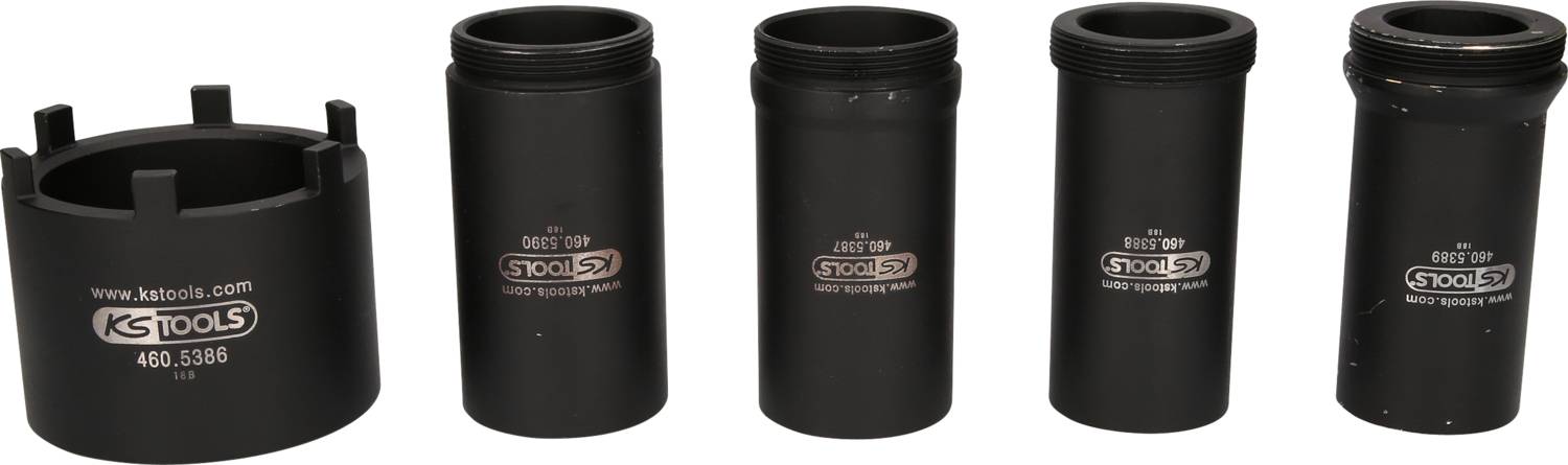 Five black hexagonal socket wrenches lined up in different sizes. Each one is marked with 'KS Tools' and a number. They are used for workshop applications.